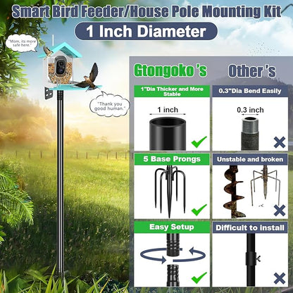 Gtongoko Smart Bird Feeder Pole 1-Inch Dia 63 Inch Bluebird House Pole for Outdoors Weather Station Heavy Duty Metal Mounting Kit Adjustable Bird Feeder Stand Black
