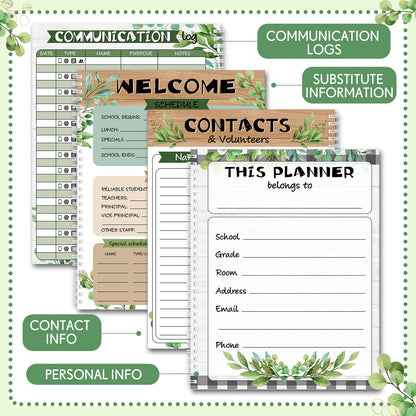 Fuyoooo Eucalyptus Teacher Planner Undated Academic Year Teacher Lesson Planner Book Green Plants Daily Weekly Monthly Spiral Planner Checklist Organizer with Stickers for Classroom, 8.5'' x 11''