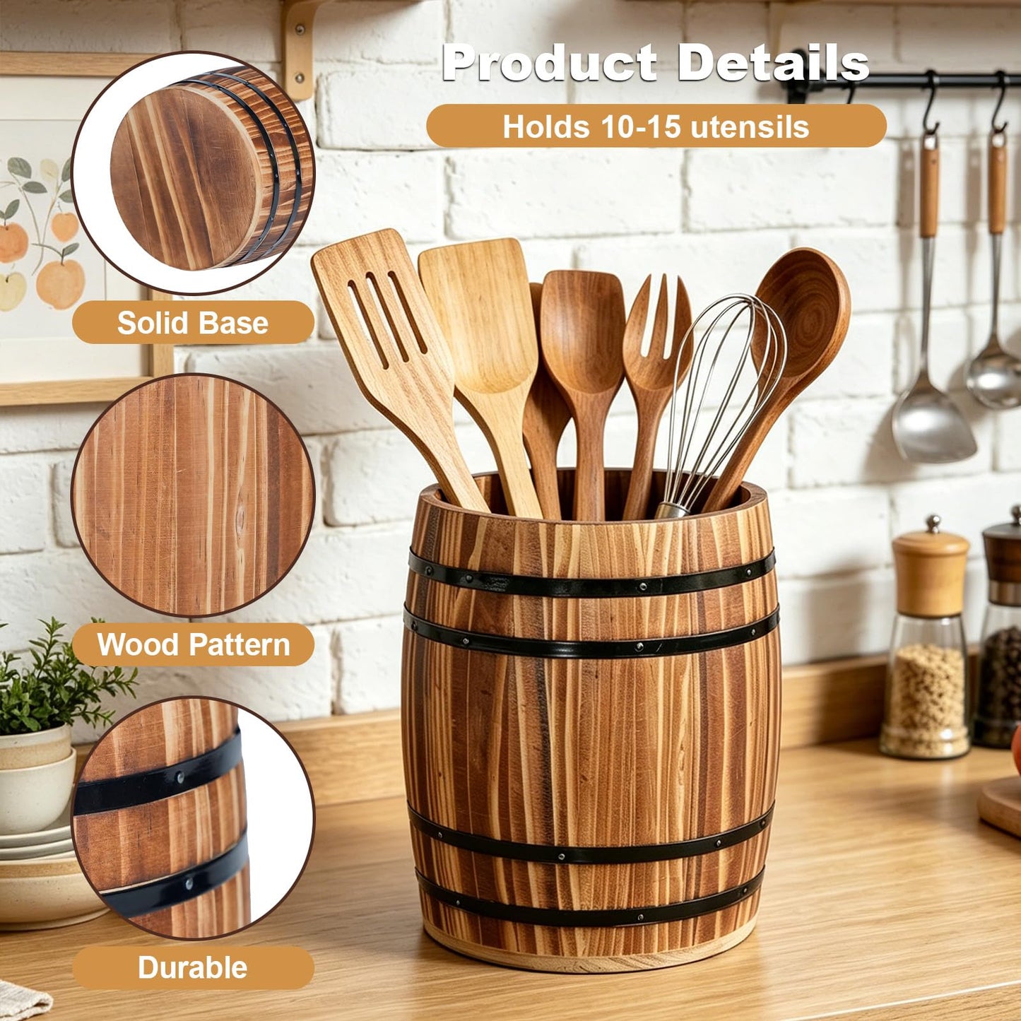 Catheralysia Dark Brown Wooden Utensil Holder, Solid Wood Barrel Shaped Kitchen Utensil Crock, Farmhouse Style Kitchen Storage Bucket, Countertop Cooking Tool Organizer for Home Decor & Gift