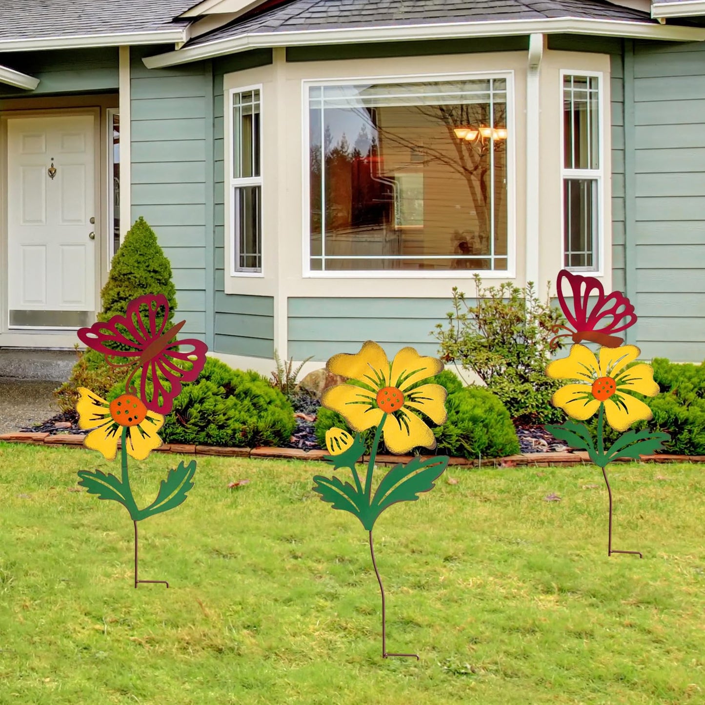 WKHOMEDECO 3 Pack Butterfly&Flower Metal Flowers for Outside & Decorative Garden Stakes - Metal Yard Art Outdoor and Garden with Rustproof Design | Spring Lawn Ornaments for Porch,Backyard，Patio