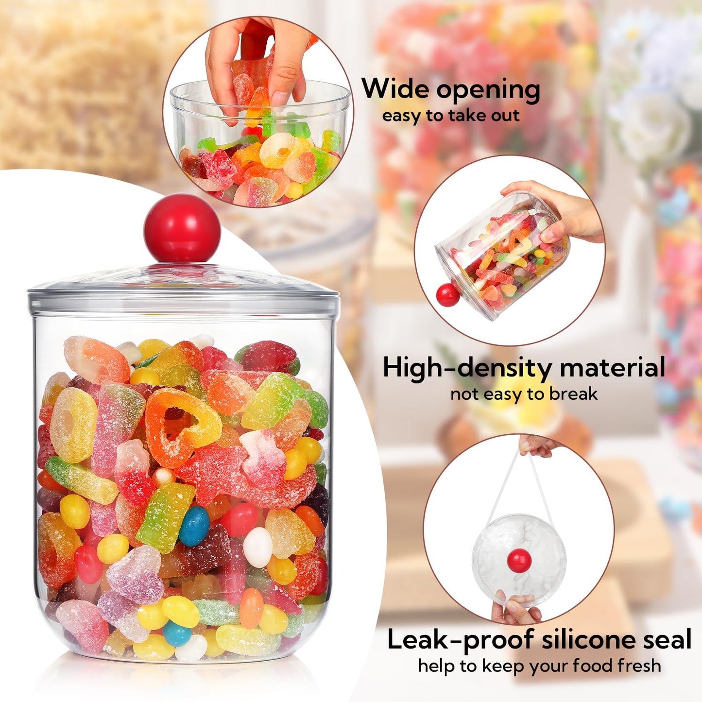 VZZNN 4 Pack Candy and Jars with Lids for Office Desk, Plastic Cookie Storage Jar for Kitchen Counter, Plastic Apothecary Jar for Cotton Swabs, Balls, Cotton Pads (1400ml)