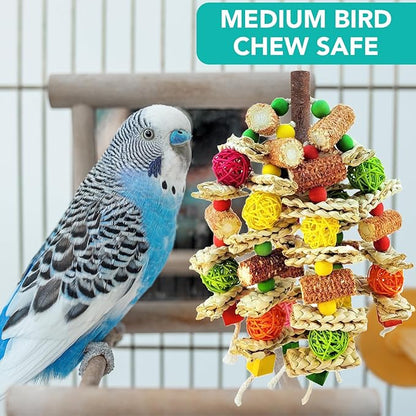 Parrot Chew Toy, Natural Material Bird Foraging Toy for Conures, Quaker Parrots, Medium-Sized Birds - Colorful Hanging Shredding Toy with Woven Ball, Corn Cob and Wooden Beads