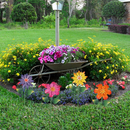 hogardeck Metal Flower Decorative Garden Stakes,4 Pcs 19" Outdoor Garden Decor with Shaking Flower Head Yard Stakes, Yard Art Spring Decorations for Patio Lawn (Pink & Yellow & Purple & Orange)
