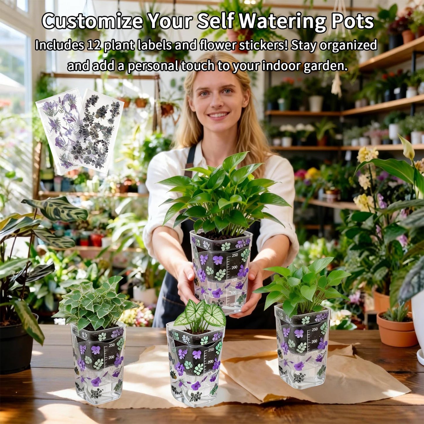 8 Pack Self Watering Pots with Transparent Double-Layer Design, 2.5" Small Plastic Planter for Indoor Plants, Semi-Hydro, Propagation, Flowers, Herbs - Includes 12 Plant Labels & Flower Stickers