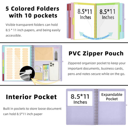 Ospelelf Foldable Spiral Clipboard Folio with Storage Zipper Pouch, 5 Plastic Folders with 10 Pockets, Refillable Lined Notepad (11" x 8.5"), Linen Hardcover Project Organizer (Light Purple)