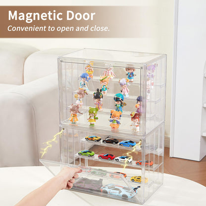 Display Case for Collectibles 4 Layer Updated Adjustable Acrylic Display Case with Magnetic Door Clear Stackable Display Box Hobby Display Cases for Figures, 2 Pack