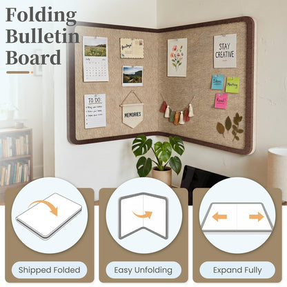 KERRAM Bulletin Board, 48 x 36 inches Decorative Felt Board Foldable Photo Board Pin Boards, Cork Board Alternative for Walls, Office, Home, Classroom with Pushpins ＆ Small Storage Bag, Brown