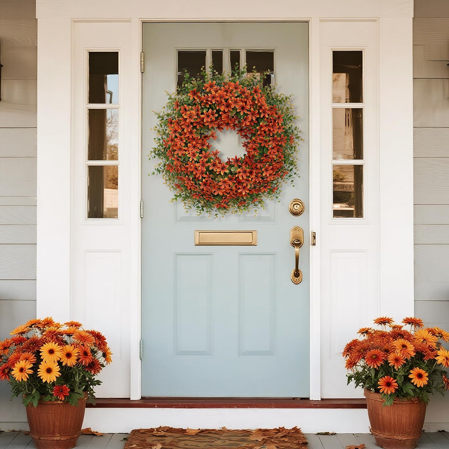 26" Fall Wreath for Front Door, Porch, Window - Large Artificial Eucalyptus Leaves with Fake Silk Flowers Outdoor Wreath for Home Farmhouse Harvest Festival Thanksgiving Day Autumn Decor