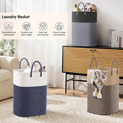 Laundry Basket,Woven Cotton Rope Laundry Hamper,Versatile Storage for Dirty Clothes,Baby Toys,and Blankets in Bathroom, Nursery,and Living Room (Blue, 100L)