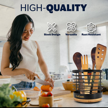 NestEasen Utensil Holder for Kitchen Counter - Rotating Utensil Holder for Countertop, Wooden Steel Spatula Holder Organizer, Large Decor Caddy for Kitchen Utensils and Cooking Spoon Container