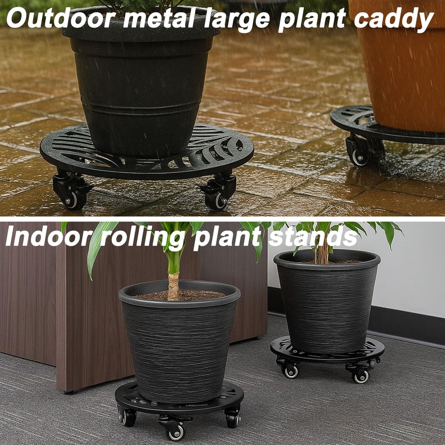 2 Pack 15 inches Extra-Large Metal Plant Caddy with Wheels Heavy-Duty Iron Rolling Plant Stand with Casters Indoor Outdoor Wheeled Plant Roller Base Pot Movers Plant Dolly Coaster Trolley Black
