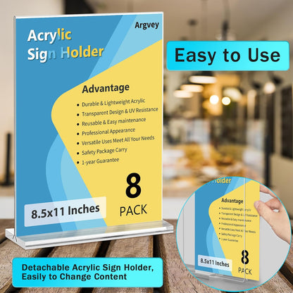 8 Pack Acrylic Sign Holder 8.5 x 11 Vertical, Clear T Shape Table Menu Display Stand, Multi-function Plastic Double-Sided Paper Picture Frames Flyer Document Holder for Displaying