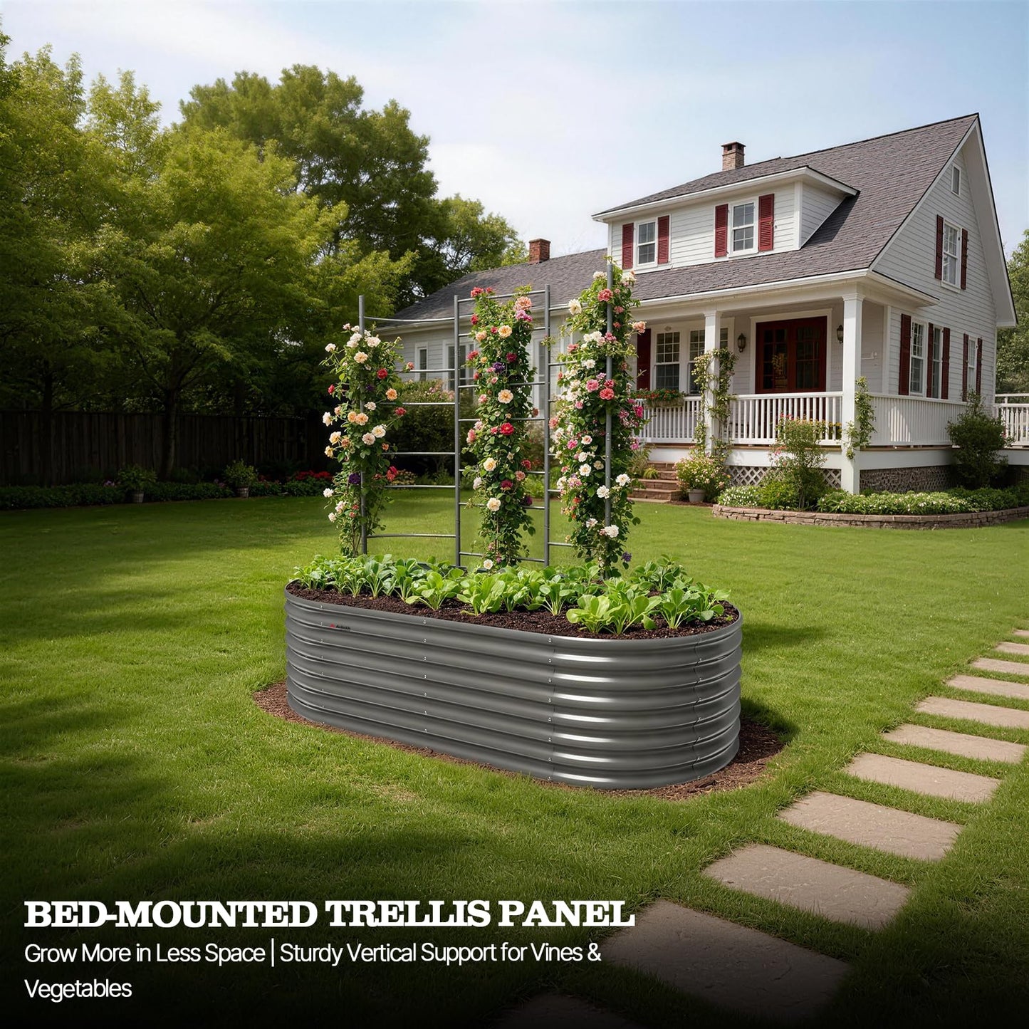 A ANLEOLIFE Garden Panel Trellis for Raised Garden Beds, Heavy-Duty Metal Panel with Crossbars, Bed-Mount or Ground Install, Vertical Support for Tomatoes, Peas & Beans, Quartz Gray