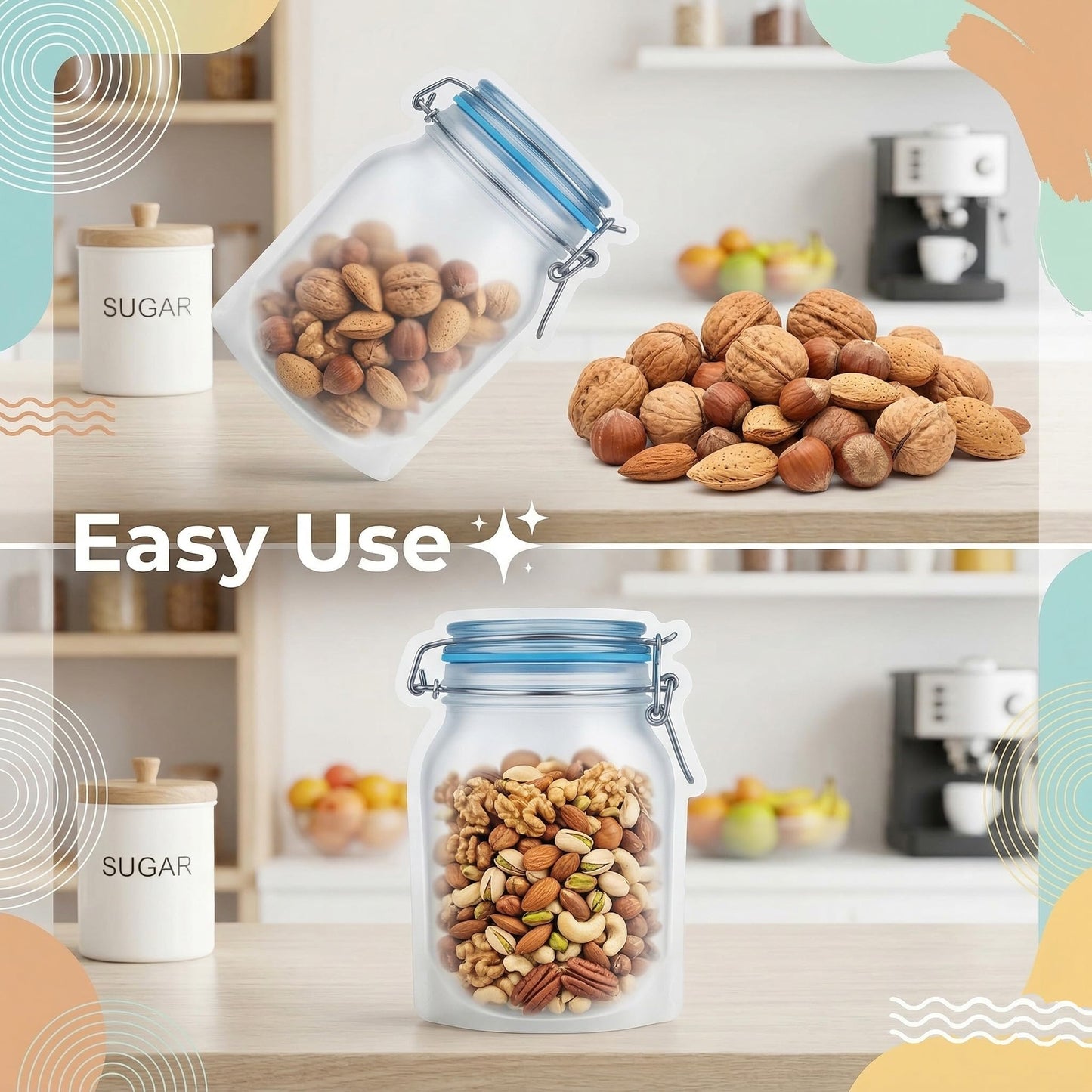 laffeya 20Pack 1000ml (9.7 * 6.6 * 4.7inch) Reusable Mason Jar Bags for Candy & Snacks - Leakproof Storage & Display