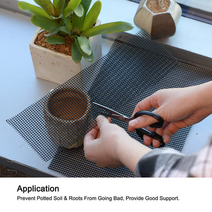 MECCANIXITY 10 Pcs Flower Pot Hole Mesh Pad 11.8x3.9" Invisible Rigid Plastic Bottom Grid Drainage Screens Prevent Soil Loss for Plant Containers, Bonsai (Black)