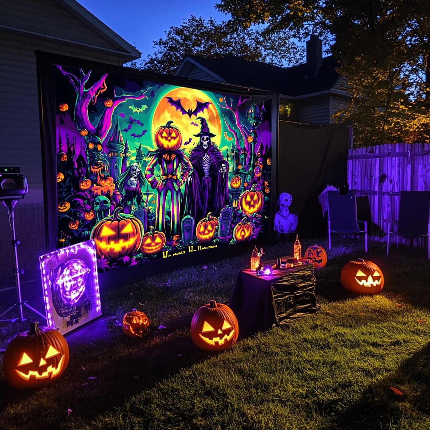 BSFHH Black Light Tapestry – UV Reactive Glow in the Dark Wall Hanging, Spooky Night Scene with Ghosts & Pumpkins, Haunting Home Decor for Parties, Bedroom, or Dorm (Witches & Bats, 90L" x 70W", Unframed)
