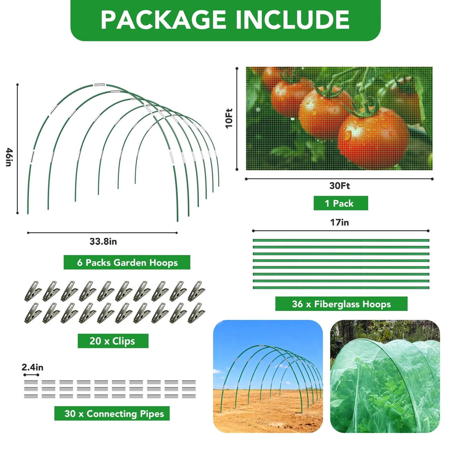 Garden Mesh Netting Kit for Raised Beds, 10x30FT Green Garden Netting ＆6 Sets Fiberglass Garden Hoops, Row Cover Garden Netting Pest Barrier Plant Protection for Vegetable Flowers Fruits