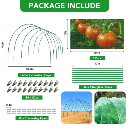 Garden Mesh Netting Kit for Raised Beds, 10x30FT Green Garden Netting ＆6 Sets Fiberglass Garden Hoops, Row Cover Garden Netting Pest Barrier Plant Protection for Vegetable Flowers Fruits
