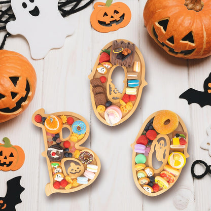 Nsoyos 3PCS Wooden Halloween Charcuterie Board Set - Boo Letters (with 14 Balloons) - Halloween Party Table Decoration & Food Tray Platter