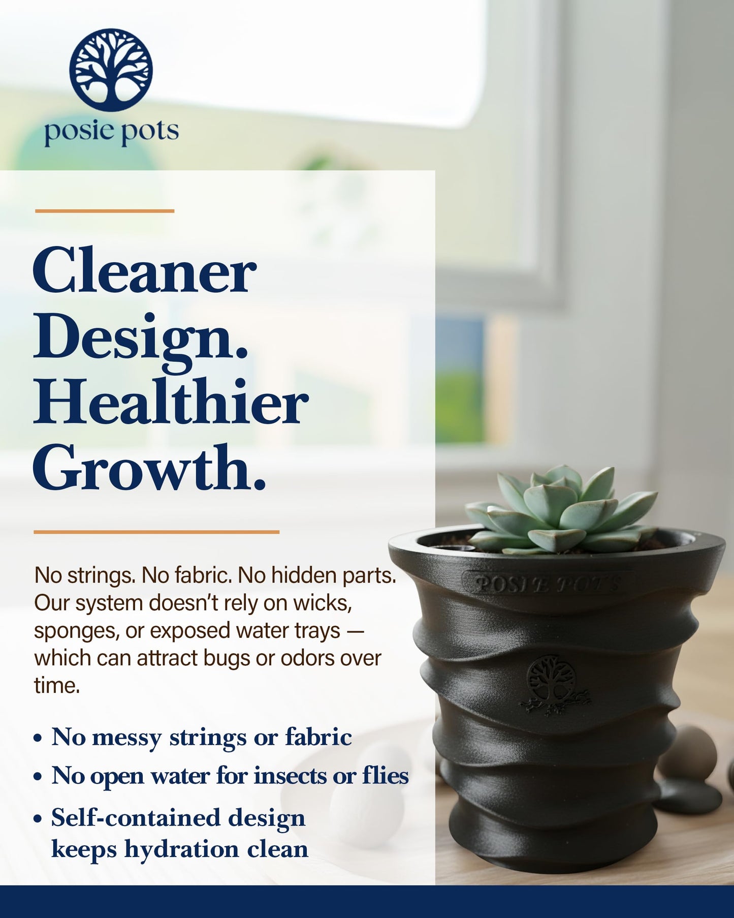 Posie Pot Medium Wave Self Watering Planter for Indoor Plants - 5x5 Inch Patented Pot with 10X Water Reservoir - Modern 3D Printed Desk Planter - Root Rot Free - Eco Friendly, Made in USA, Black