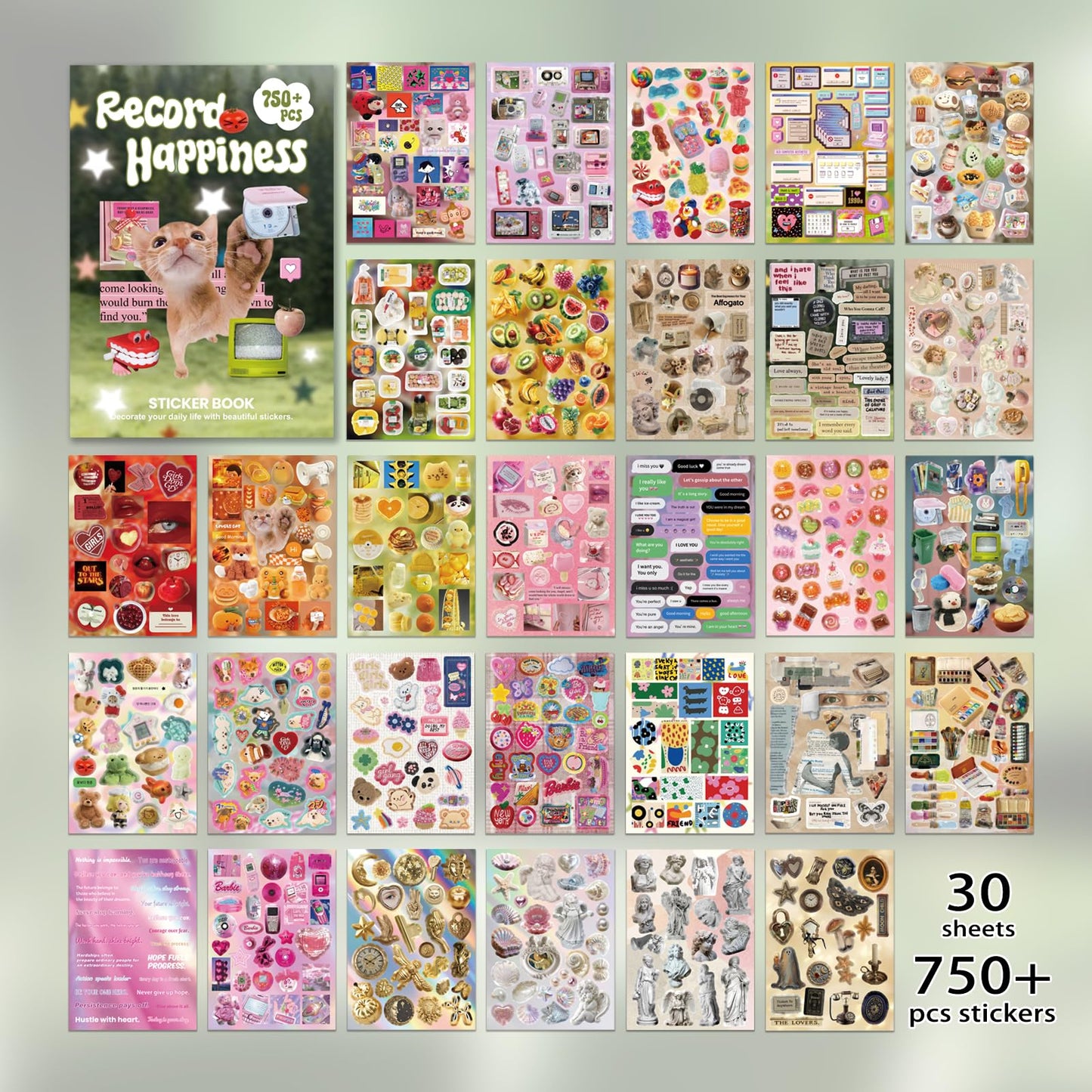 Bomichi Cute Sticker Book, Y2K Vintage Grunge Kawaii Retro Aesthetic Decals Matte Writable Paper, Stickers for Journaling Scrapbook Junk Journal Supplies,Bullet Planner DIY Card Making