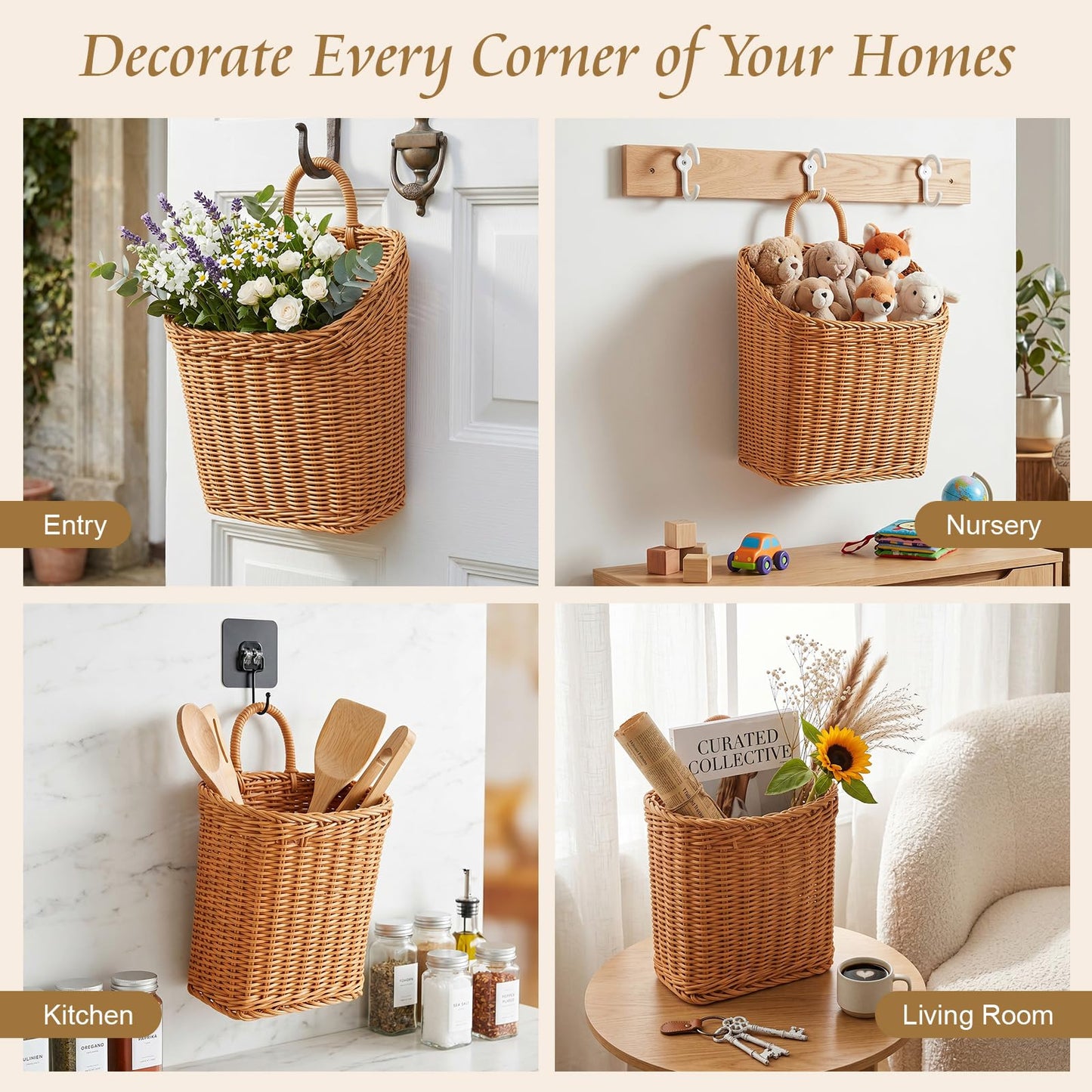 MIPON 2 Pack Handmade Woven Hanging Wicker Basket, Waterproof Plastic Rattan Wall Mounted Organizer, Small & Large Storage Baskets for Bathroom, Kitchen,Entryway,Farmhouse Decor,Flower,Mail, Plant