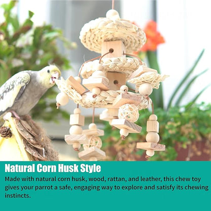 6 Pcs Natural Bird Toys for Parrots - Seagrass Swing, Loofah, Wood & Corn Husk Chew Toy Set - Shredding Enrichment Kit for Small to Medium Cockatiels, Parakeets, Conures, Budgies