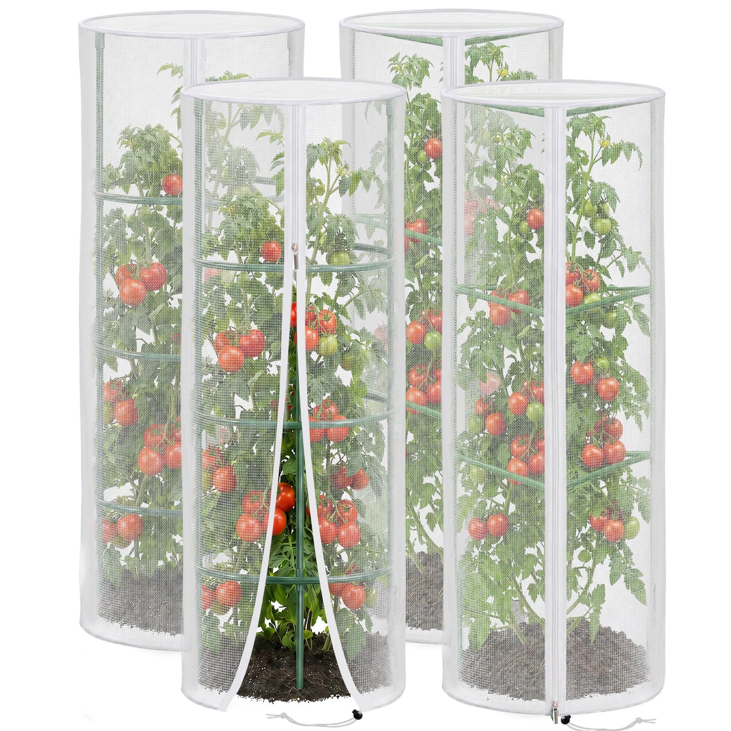 4 Pcs Garden Mesh Plant Cover for Round Tomato Cage, 57" x 15.7" Insect Bird Netting Protection Net Covers with Zipper & Drawstring, Garden Tomato Trellis Netting for Climbing Plants