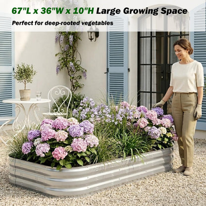 Colorfulbeetle Galvanized Raised Garden Bed Kit with 4 Internal Braces, 67x36x10in Large Metal Planter Raised Beds Outdoor, 0.8mm Thick Steel Outdoor Galvanized Planter with Vents, Silver (2PCS)