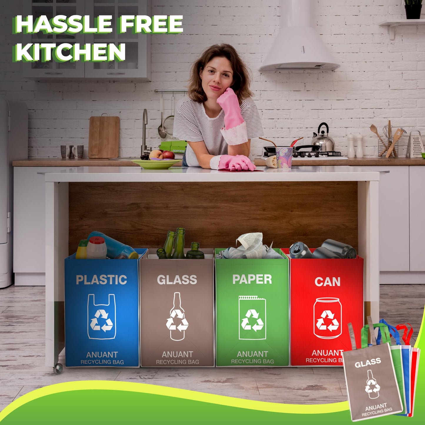ANUANT Separate Recycling Waste Bin Bags for Kitchen Office in Home - Large Size Sturdy Double Handles 10 Gallon Recycle Garbage Sorting Bins