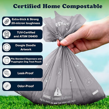 Puppington Certified Home Compostable Poop Bags - ASTM D6400 Compliant - 270 Extra Thick Bags - Plant Based - Pairs with Puppington 3-in-1 Bag & Fits all Standard Poop Bag Dispensers (Charcoal Gray)