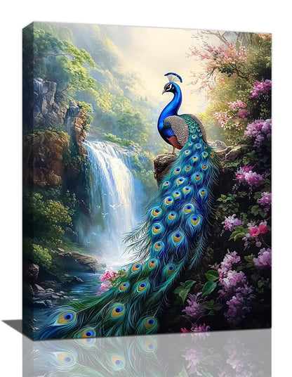 Peacock wall art, Flower Waterfall Pictures Wall Decor, Peacock Canvas Prints Painting, Framed Fashion Artwork for Bathroom Bedroom Living Room Kitchen Dinning Room Office Home Decoration 12x16