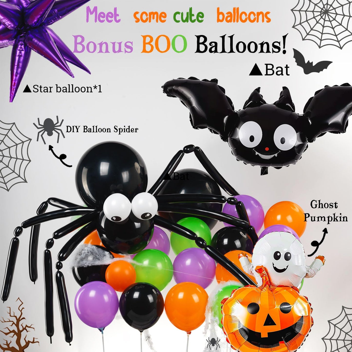 Halloween Balloon Garland Arch Kit 100+pcs Orange and Black Purple green balloons with Spooky Bat Pumpkin foil Balloons spider web for fall Halloween Party spooky-themed birthday Decorations