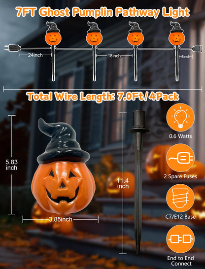 Oviejo Halloween Decorations Outdoor C7 Halloween Pumpkin Pathway Stake Lights, 7Ft Jack-o-Lantern Garden Light with 4 C7 LED Bulbs, Pathway String Lights for Outdoor Garden Walkway Party Lighting