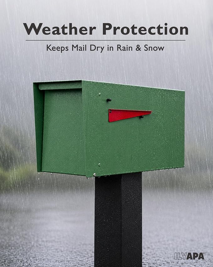 Ilyapa Modern Mailbox for Outside Post Mount - Green Powder Coated Metal Mailbox, Waterproof Letter Box for Parcels, with Recessed Magnetic Close Door