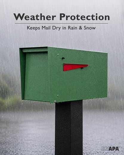 Ilyapa Modern Mailbox for Outside Post Mount - Green Powder Coated Metal Mailbox, Waterproof Letter Box for Parcels, with Recessed Magnetic Close Door