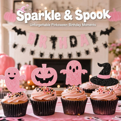 Pink Black Halloween Birthday Decorations, Cute Spooky Happy Birthday Banner with Ghost Pumpkin Bat Spider Garland, Halloween Party Supplies with Cake Toppers for Girls Birthday Party
