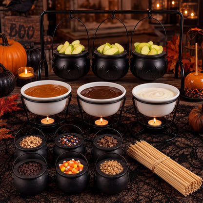 SiliFine 15pcs Halloween Party Decorations DIY Caramel Apple Dipping Bar Set 3 Witches Cauldron Serving Bowls on Rack, Ceramic Cups, Black Cauldrons, Bamboo Picks Witchy Table Decor for Holiday
