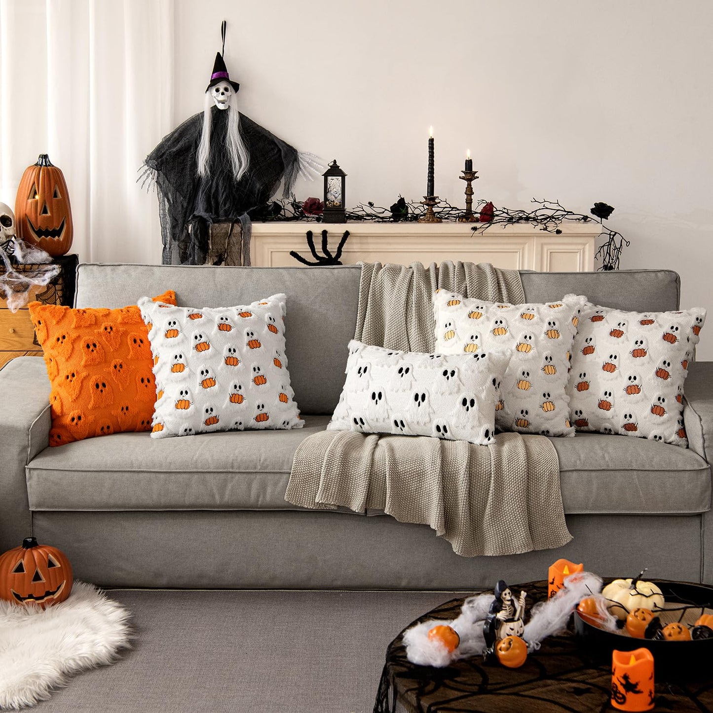 MIULEE Halloween Pillow Covers Decorative Fall Cute Ghost Plush Faux Fur Pillows 18x18 Inch Set of 2 Soft Pumpkin Accents for Sofa Couch Bed Living Room Festive Home Decor, White Bright Orange
