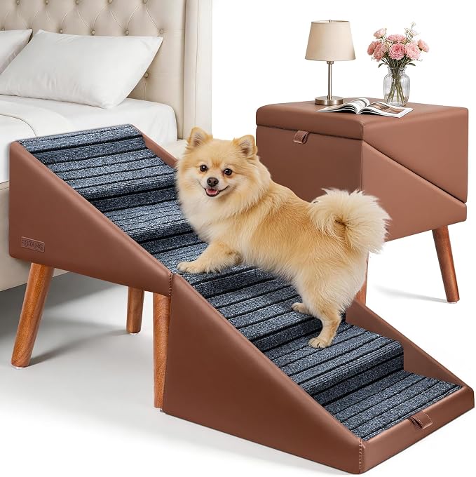 22.8” H Dog Stairs for High Bed, 6-Step Non-Slip Dog Ramp, Foldable 2-in-1 Pet Stairs & Ottoman, Upgraded Pet Steps for Puppies, Senior Dogs & Injured Pets, Solid Wood Frame (Brown)