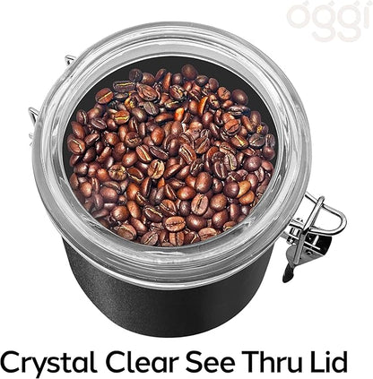 Oggi Stainless Steel Kitchen Canister 26 fl oz, Black - Airtight Clamp Lid, Clear See-Thru Top - Ideal for Kitchen Storage, Food Storage, Pantry Storage. Size 5" x 3.5".