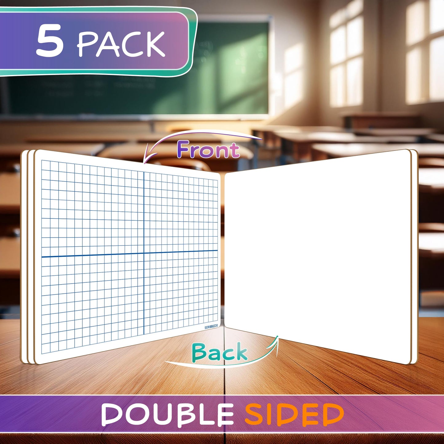 Scribbledo 5 Pack Dry Erase XY Axis Coordinate Plane Graph Lap Boards 9” X 12” for Student Teachers and Classroom Use, Math White Board - Double Sided White Boards with 5 Erasers Included