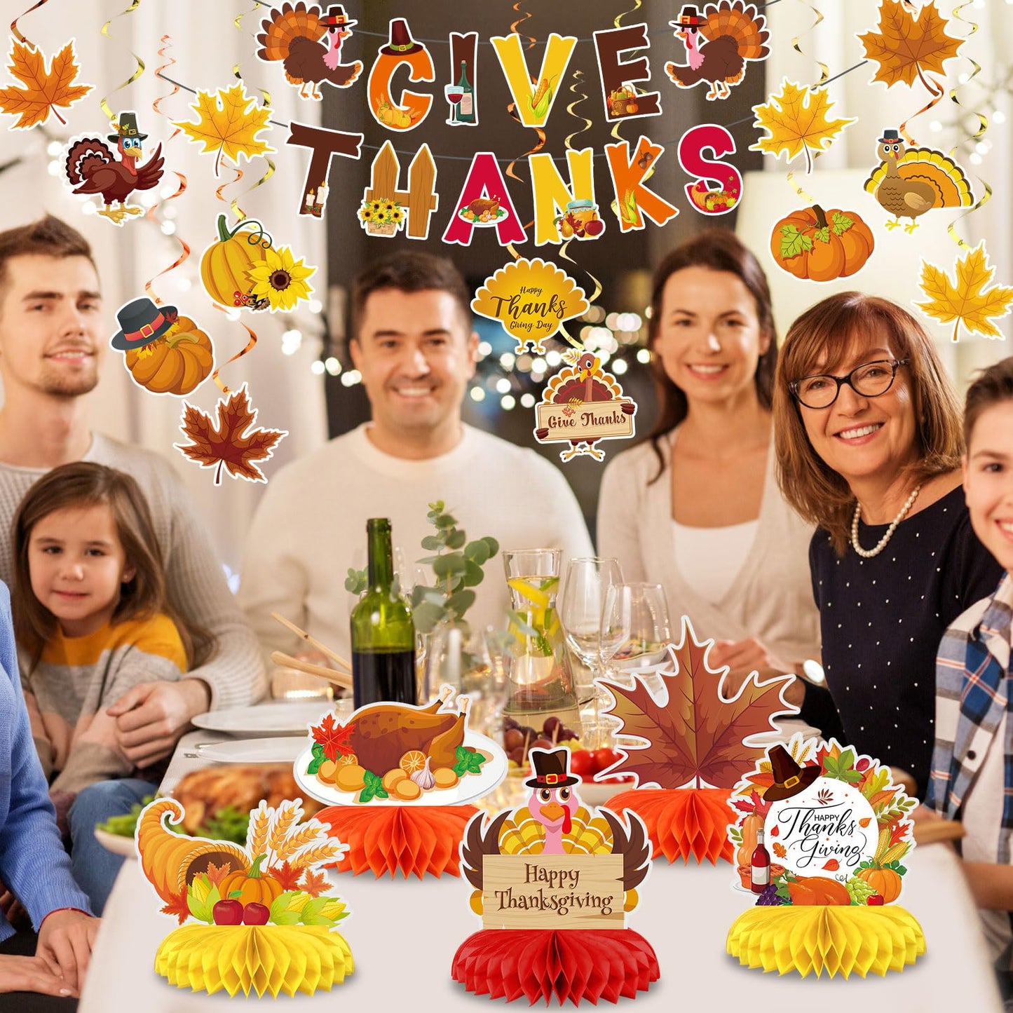 Blosssound 29 Pcs Thanksgiving Party Decorations - Turkey Pumpkin Maple Leaf Honeycomb Centerpieces, Give Thanks Hanging Swirls Banners for Fall Birthday Party Supplies