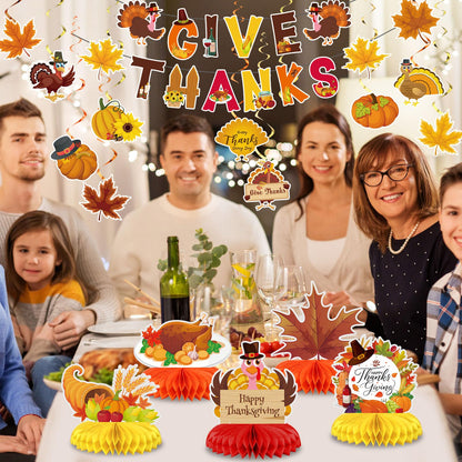 Blosssound 29 Pcs Thanksgiving Party Decorations - Turkey Pumpkin Maple Leaf Honeycomb Centerpieces, Give Thanks Hanging Swirls Banners for Fall Birthday Party Supplies
