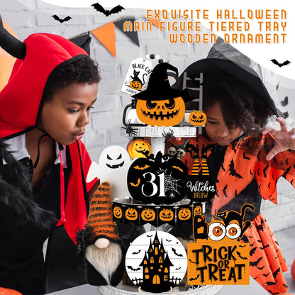 Geetery 18 Pcs Halloween Tiered Tray Decorations Set Wooden Halloween Table Decorations Plush Gnome Pumpkin Ghost Boo Wood Block Sign for Tiered Tray Party Decor Home Supplies