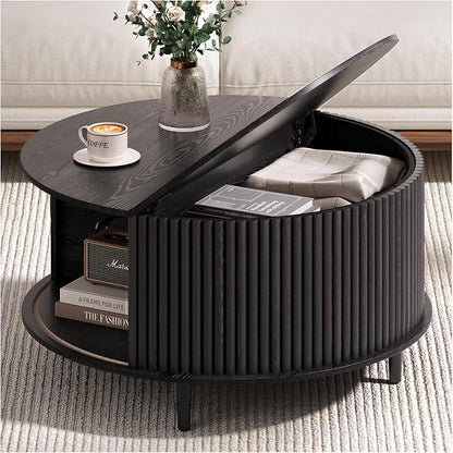 Round Coffee Table with Storage, 31.5" Modern Coffee Table with Sliding Door & Solid Wood Legs, Minimalist Fluted Center Table for Living Room, Home Small Space, Black