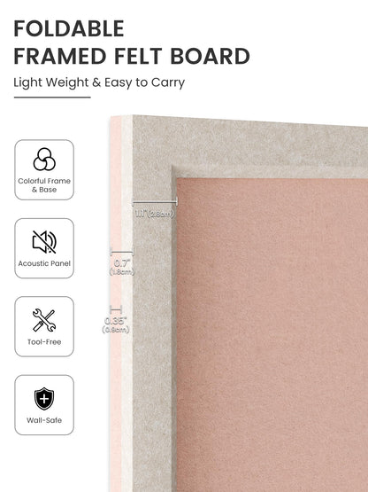 Fluxynara Foldable Cork Board Alternative, Felt Bulletin Board 23.6" x 17.5" Oatmeal Frame with 12 Adhesive Tabs, Pin Board for Home Office, Classroom, Entryway, Kitchen Wall Decor—Pink