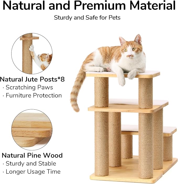 FUKUMARU Dog Stairs, Solid Wood Pet Stairs with Cat Scratching Post, Transformable Cat Ramp Can Hold Up to 200 lbs, 20 Inch Pet Steps for Dogs and Cats to Climb High Bed and Couch, Over 6 Combinations