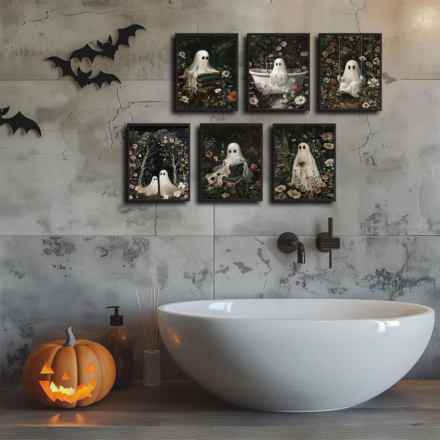 6 Pcs Flower Bush Ghost Wall Art Ghost Reading Swing Bathtub Wall Decor Pictures Halloween Dark Forest Cute Ghost Poster Prints for Dark Academy Bathroom Bedroom Home Decoration 12x16in Unframed