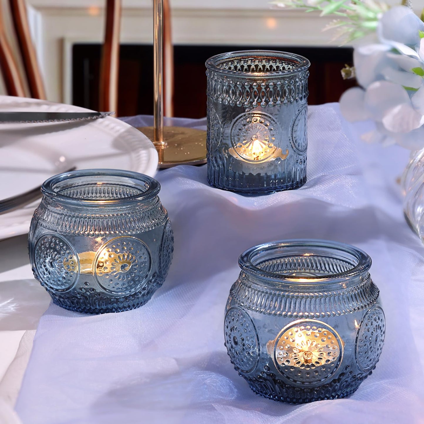 DARJEN 24Pcs Blue Votive Candle Holders - Glass Candle Holder for Party Decoration, Tea Lights Candle Holder for Wedding Shower & Gift